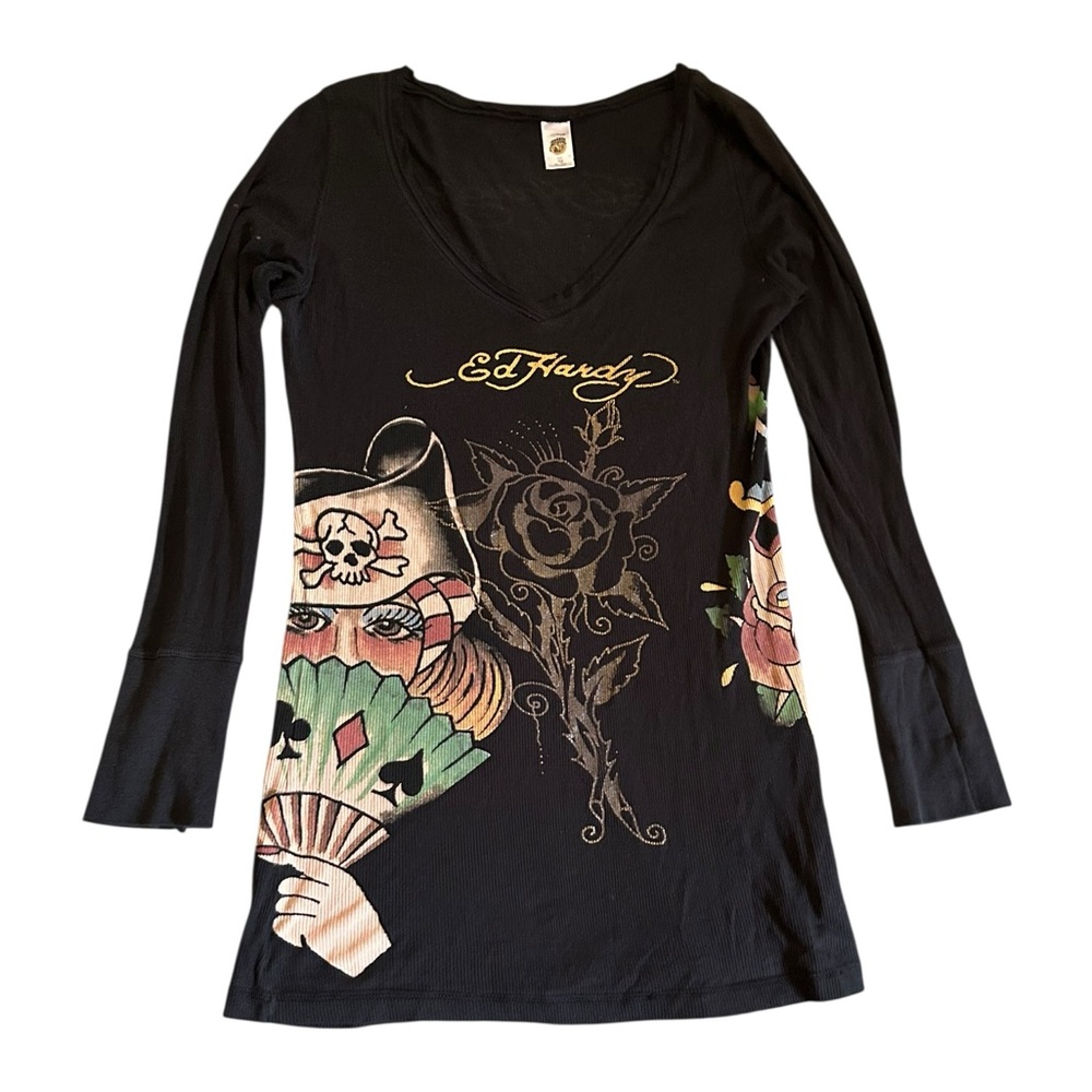 VTG Y2K Ed Hardy Black Long Sleeve Tattoo Graphic Shirt / Mini Dress Goth Medium - Picture 15 of 16